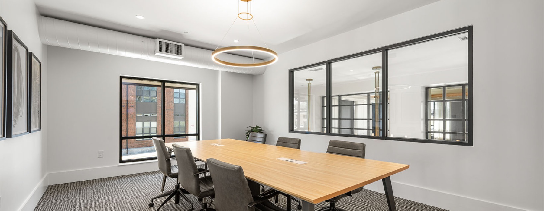 a conference room with windows