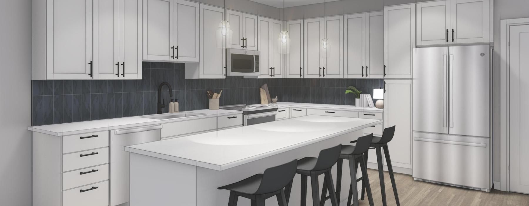 a kitchen with white cabinets